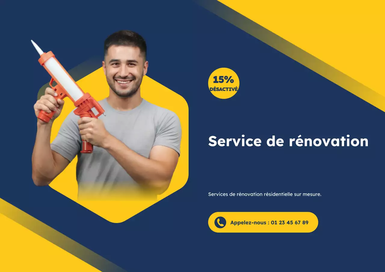 Affiche publicitaire de rénovation de maison moderne bleue et jaune
