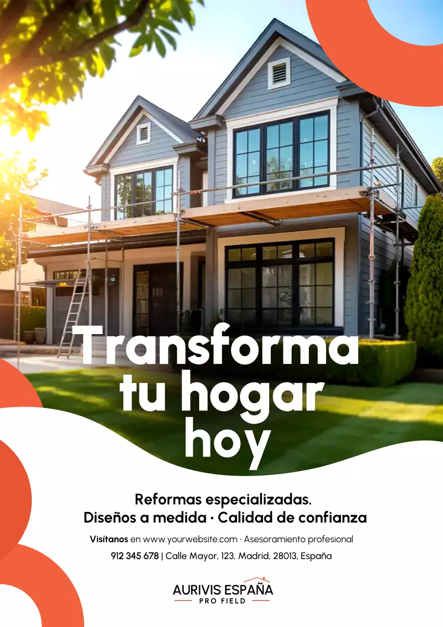 Cartel publicitario de renovación moderna en rojo y naranja