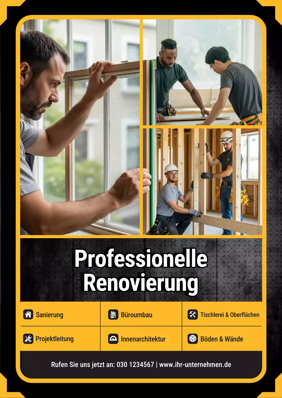 Gelbes Werbeplakat für professionelle Renovierungen