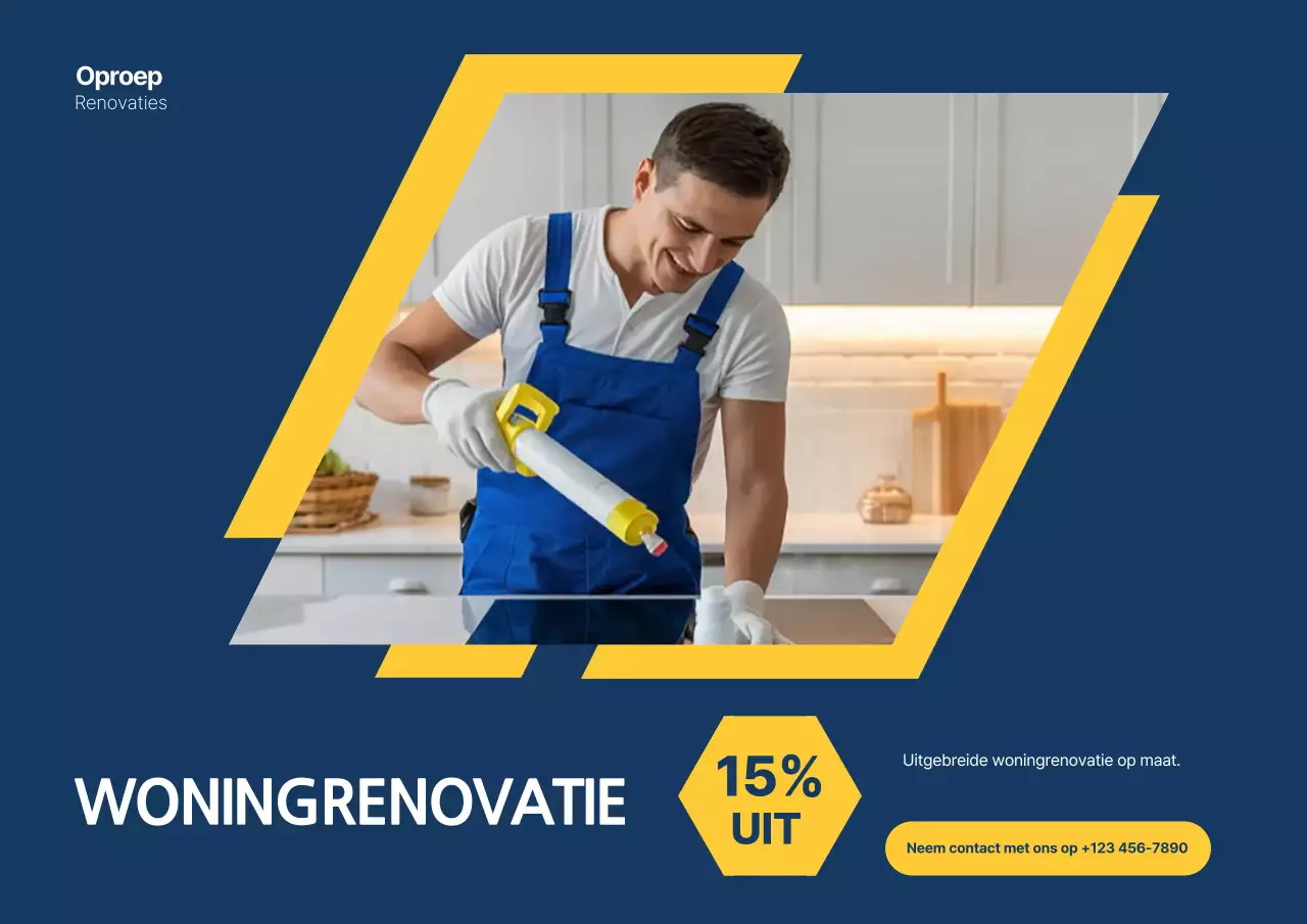 Blauwe en gele advertentieposter voor moderne huisrenovatie
