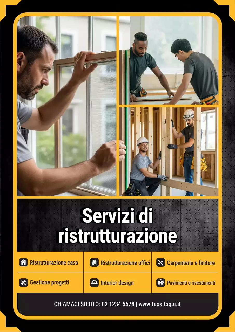 Manifesto pubblicitario giallo per ristrutturazione professionale