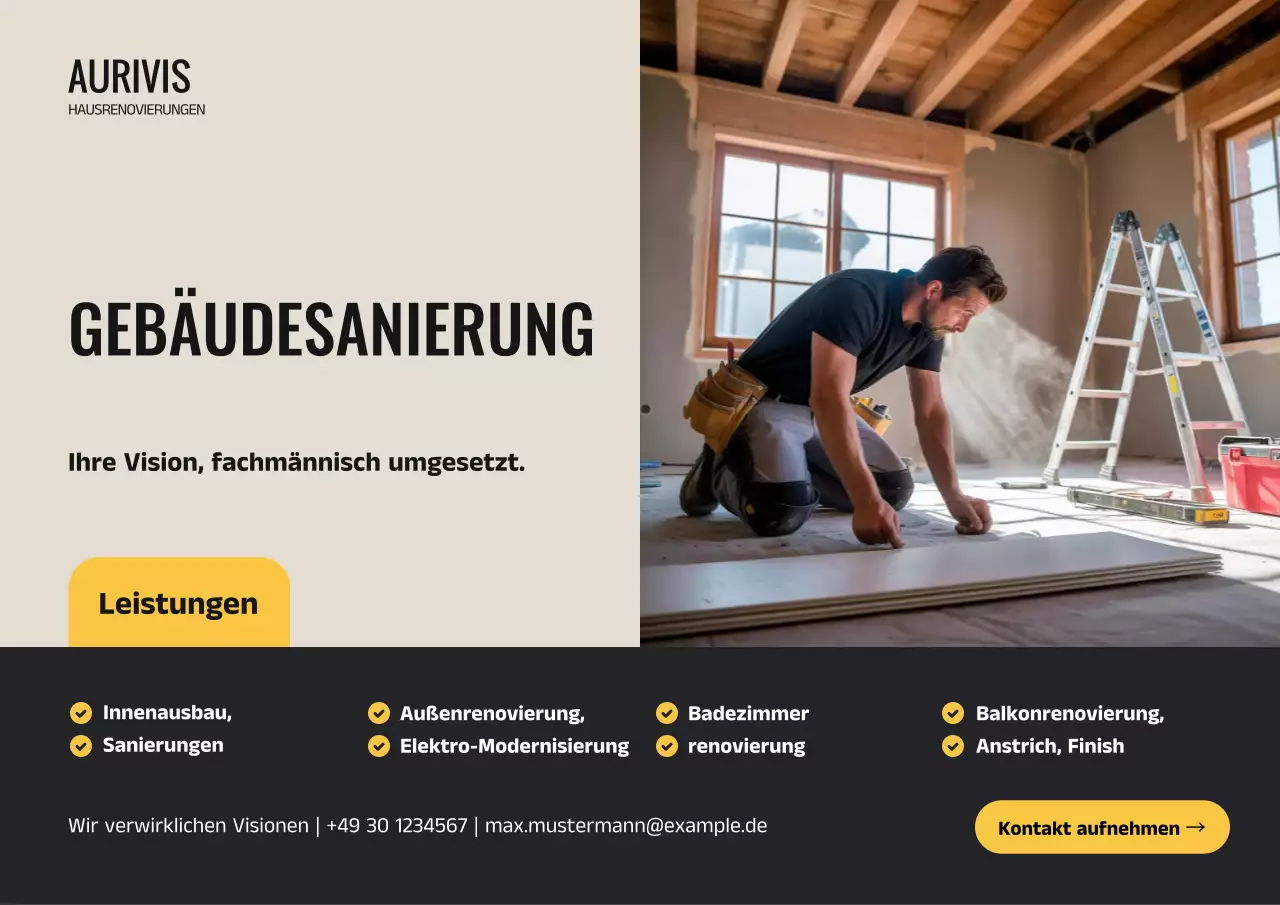 Gelbes Werbeplakat zur Renovierung moderner Häuser