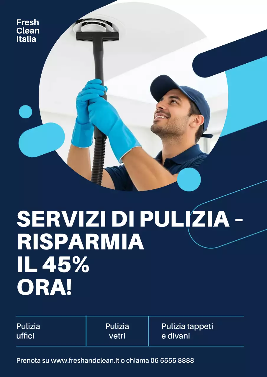 Manifesto promozionale per la pulizia moderna blu