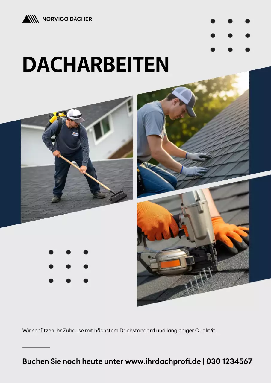 Graues Werbeplakat für professionelle Dachdeckerarbeiten