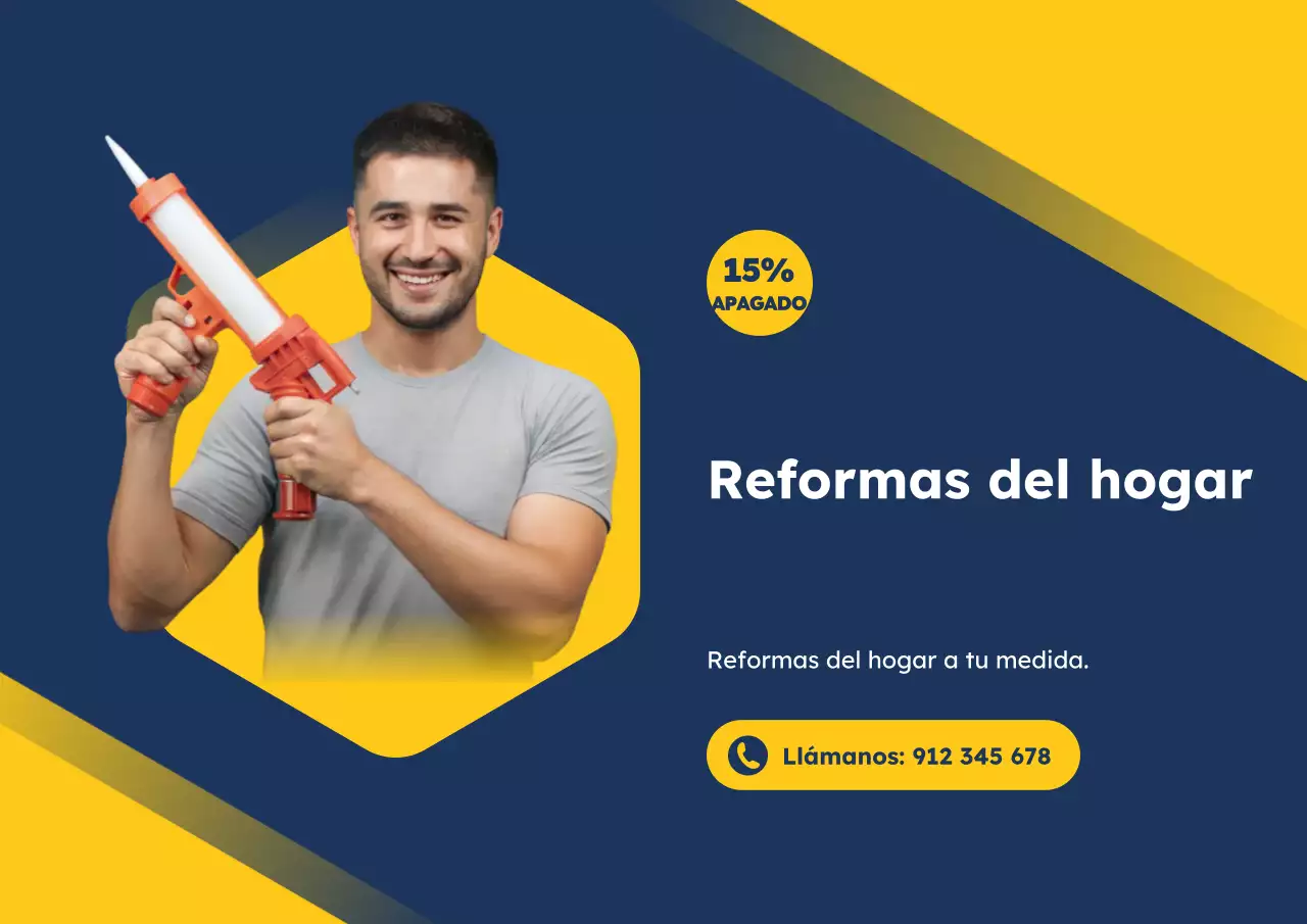 Cartel publicitario de renovación de casa moderna en azul y amarillo