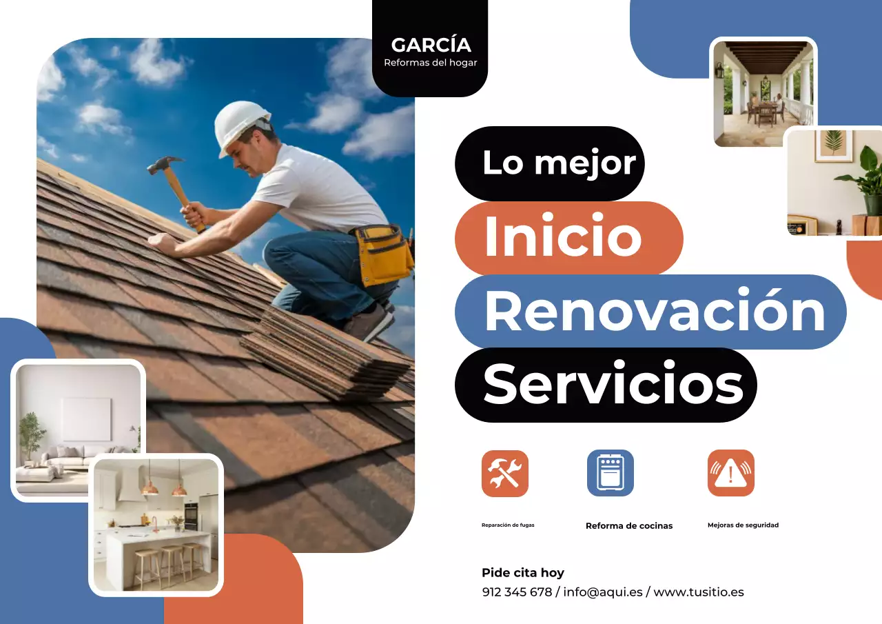 Cartel publicitario de renovación de casa moderna en azul