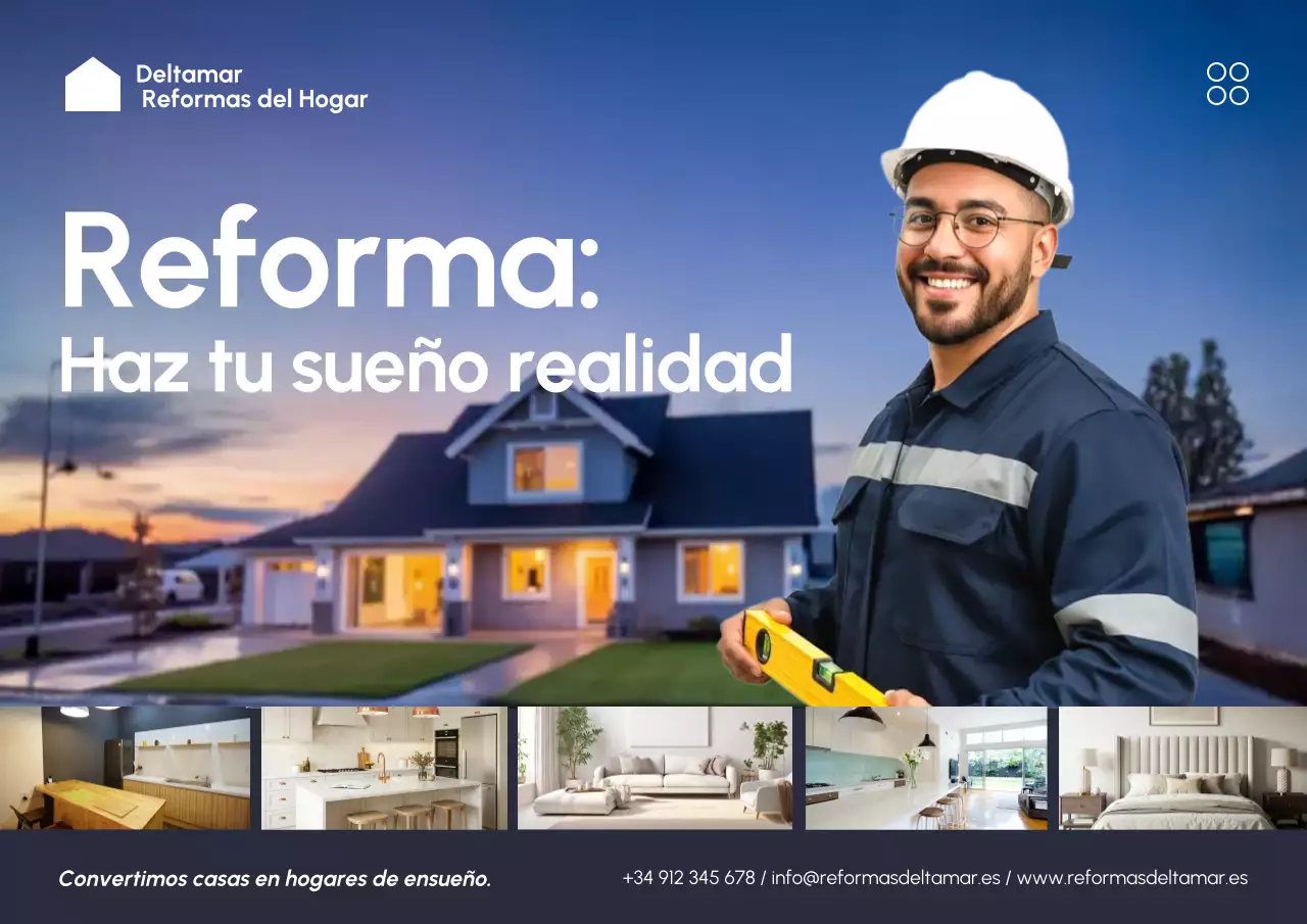 Cartel publicitario de renovación de casa moderna en azul
