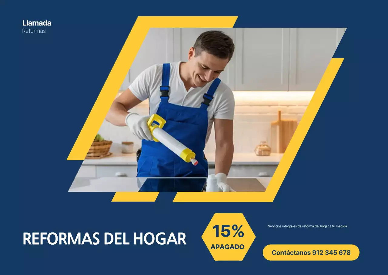 Cartel publicitario de renovación de casa moderna en azul y amarillo