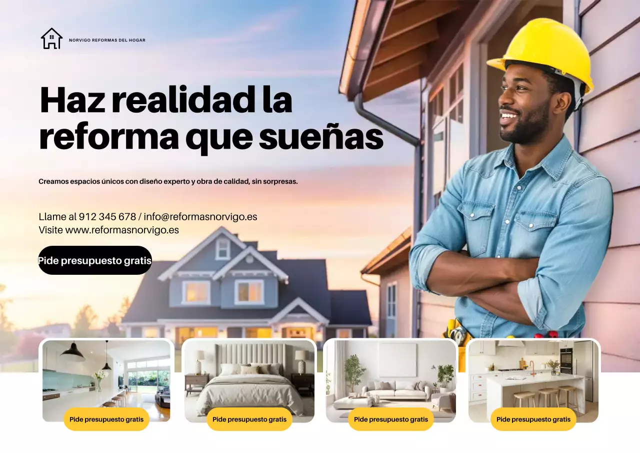 Cartel publicitario de renovación de casa moderna amarilla