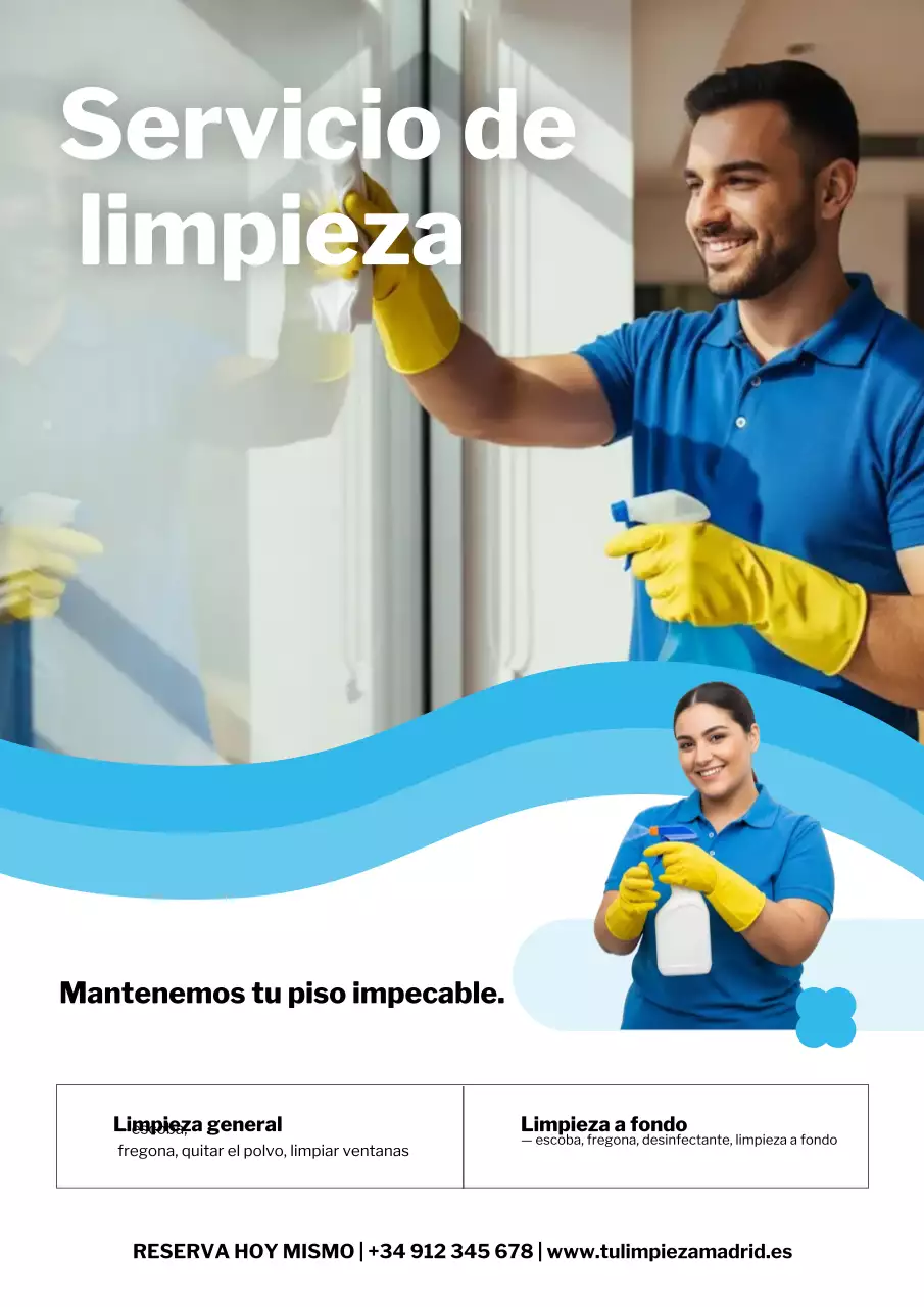 Cartel publicitario de un servicio de limpieza moderno de color azul