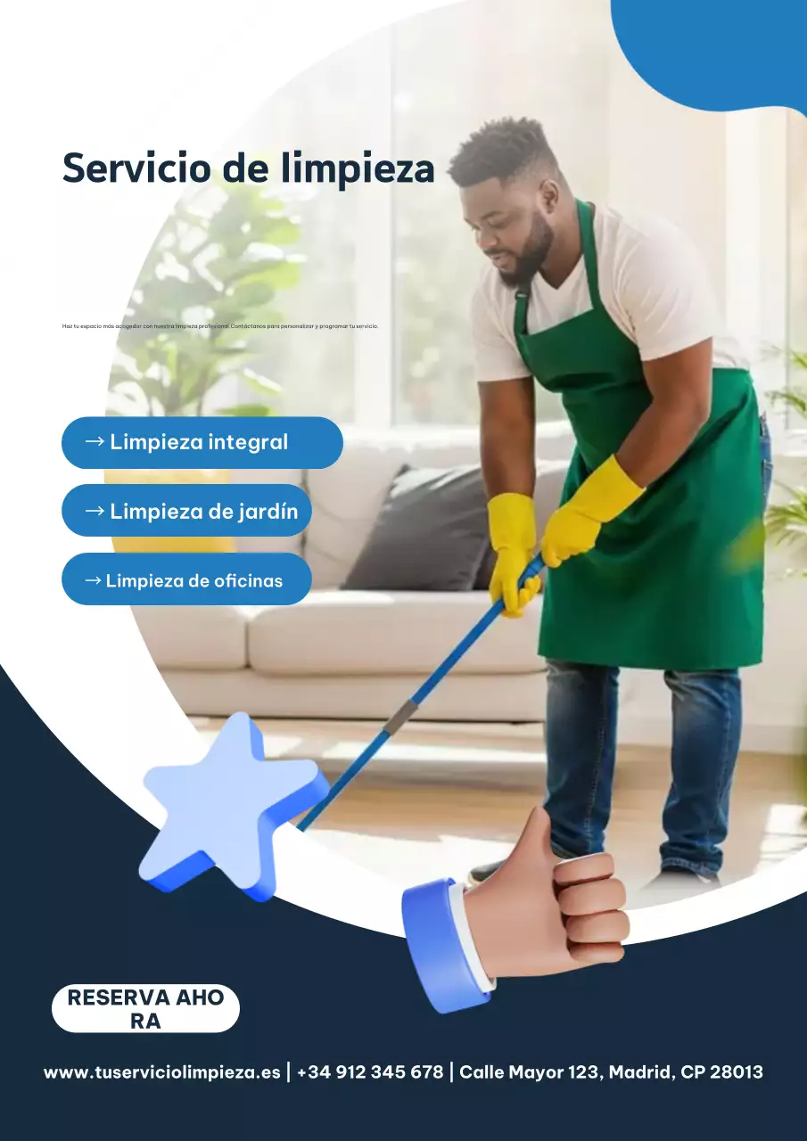 Cartel publicitario de un servicio de limpieza moderno de color azul