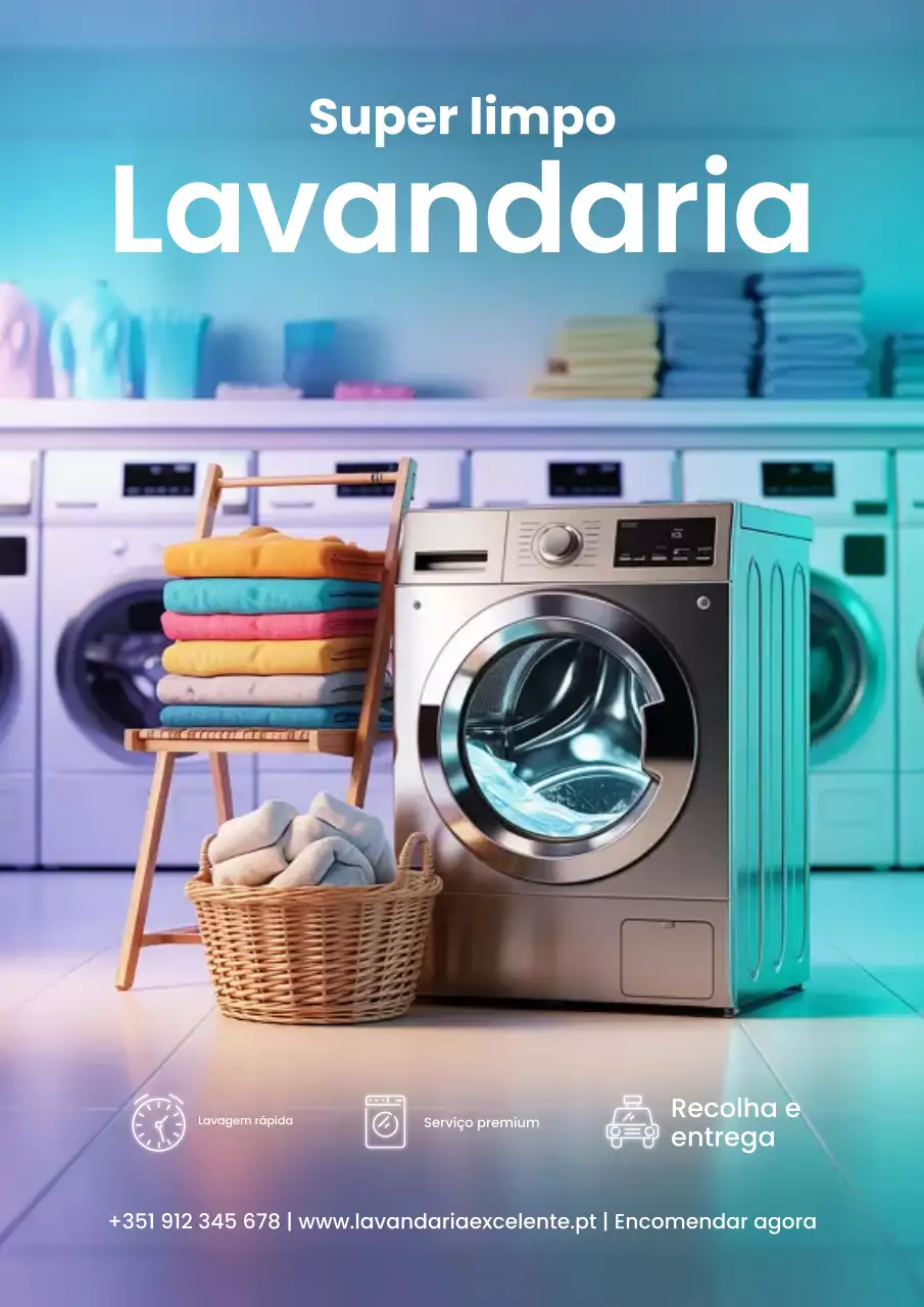 Cartaz promocional de lavanderia moderna azul