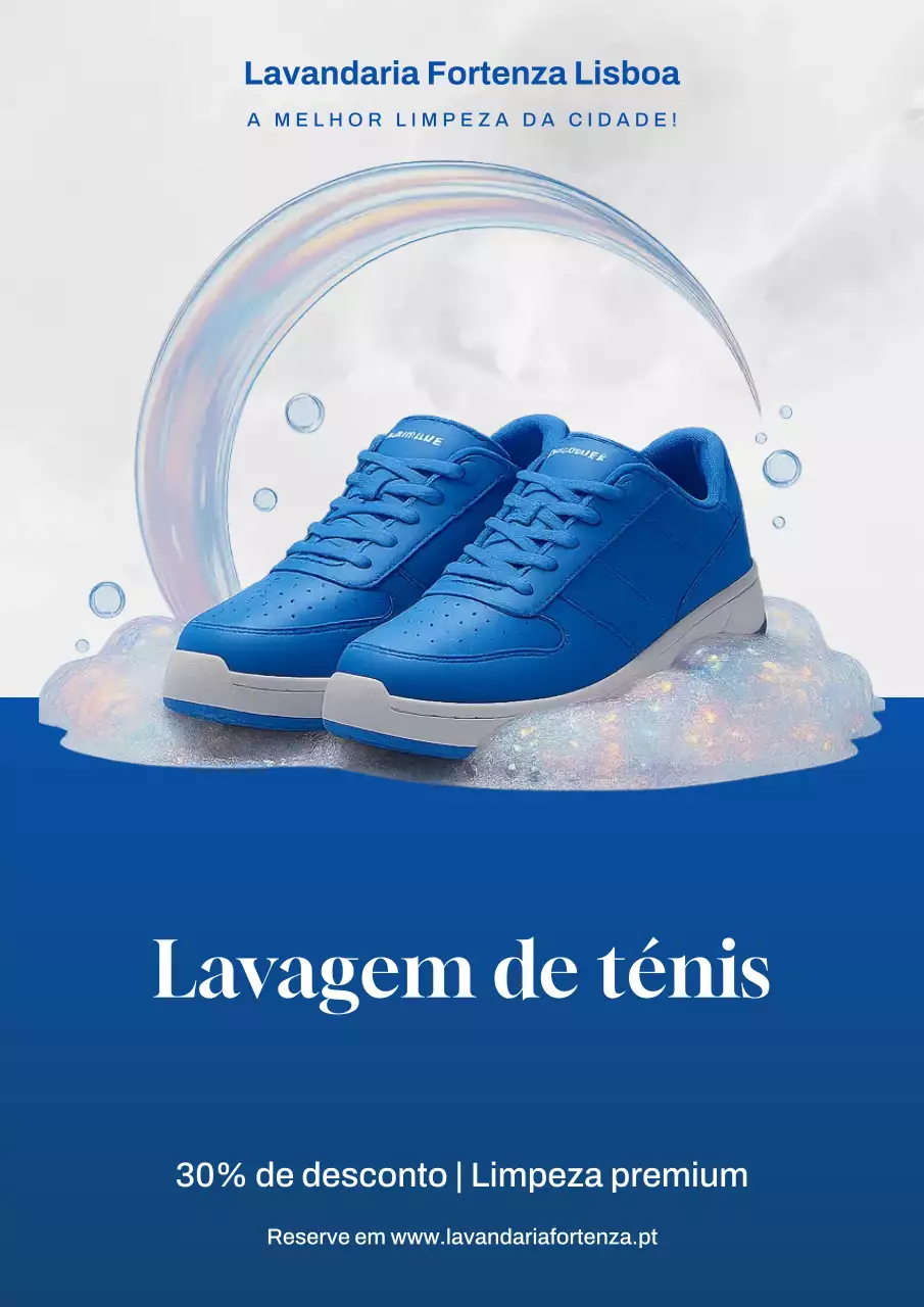 Cartaz promocional de tênis moderno azul