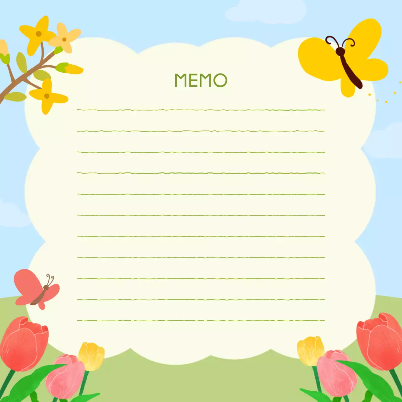 노란색 아기자기한 봄꽃과 나비 프레임