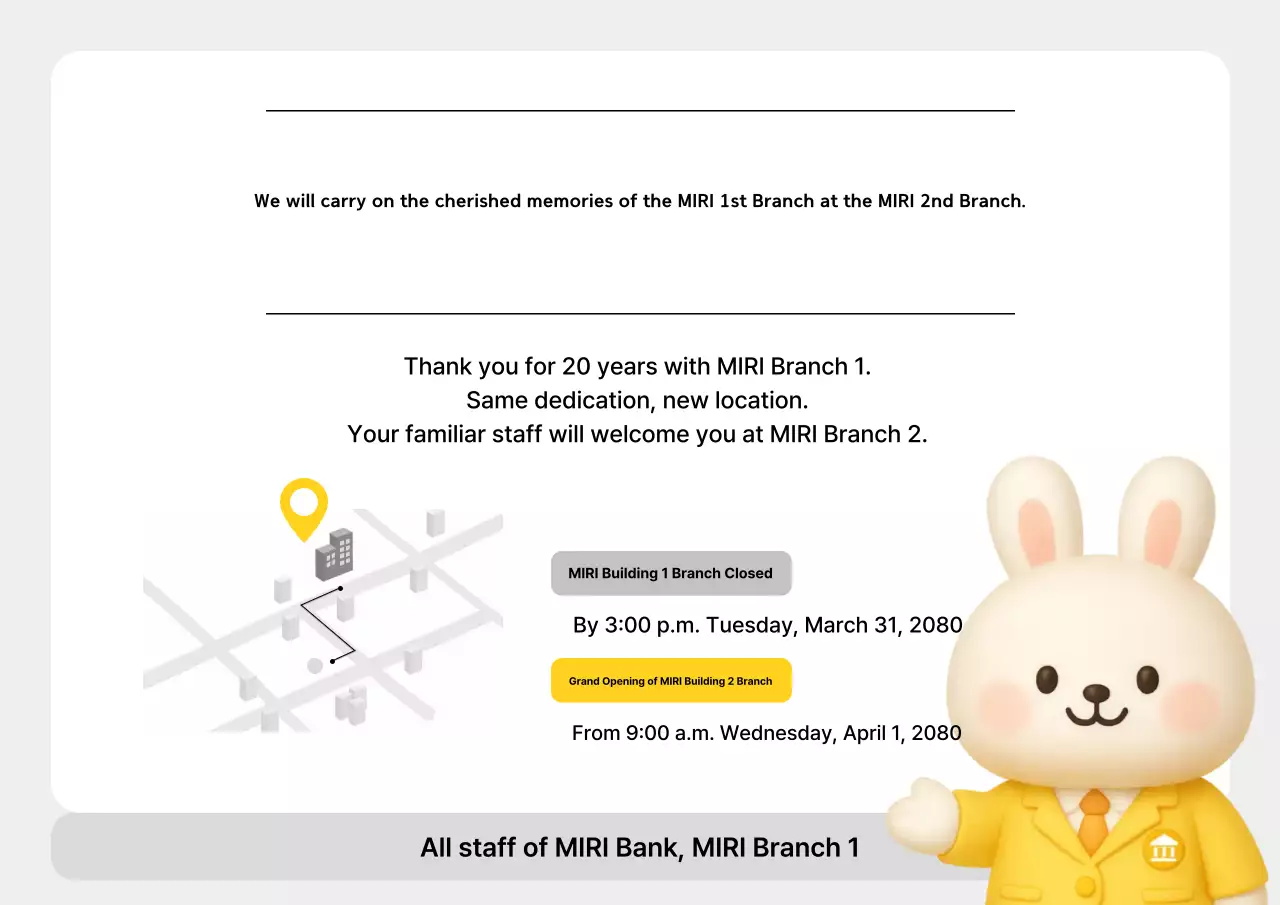 Pengumuman promosi relokasi cabang berwarna kuning dan rapi.