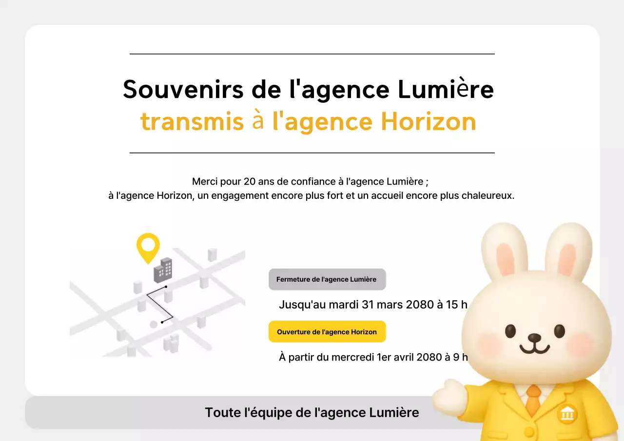 Avis promotionnel jaune et soigné concernant le déménagement d'une succursale