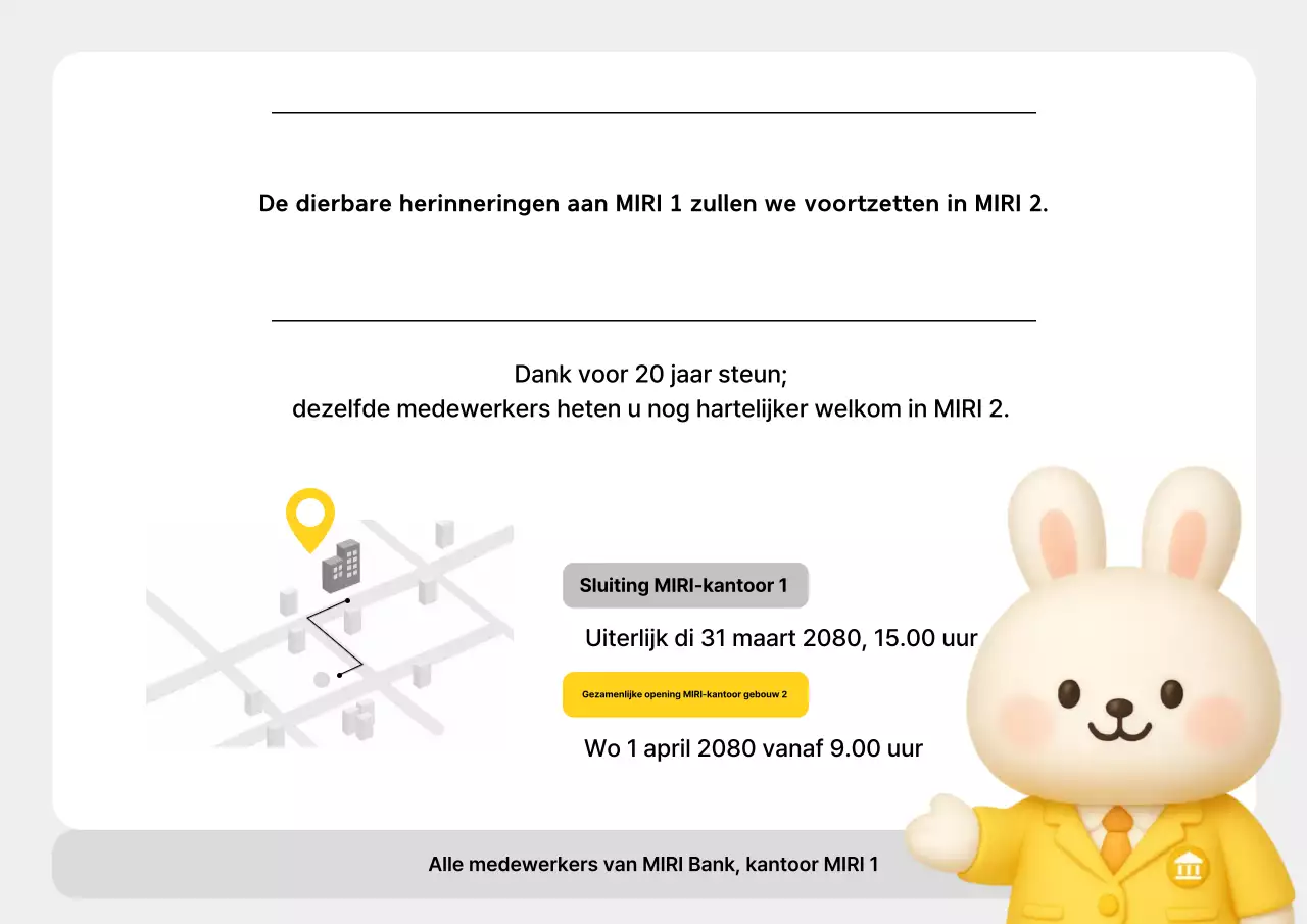 Gele, nette aankondiging van de verhuizing van een filiaal