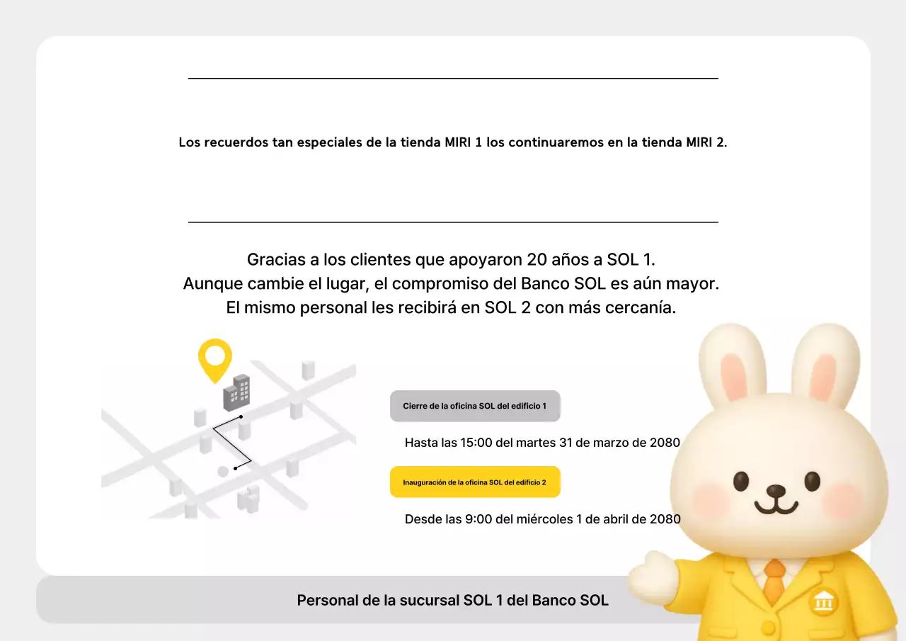 Aviso promocional de reubicación de sucursal en color amarillo y pulcro.