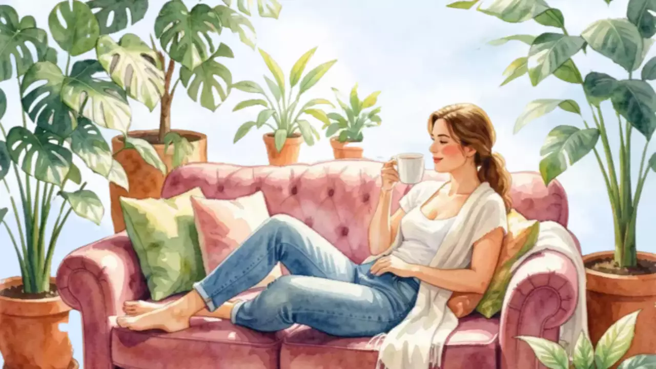 배경 한 여성이 커피 한 잔을 마시며 쉬고 있다