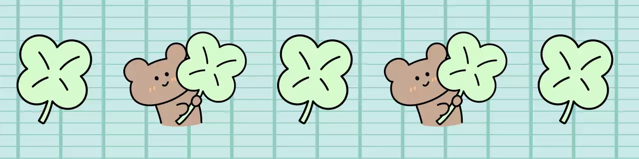 초록색 아기자기한 네잎클로버와 곰 캐릭터 일러스트 다꾸
