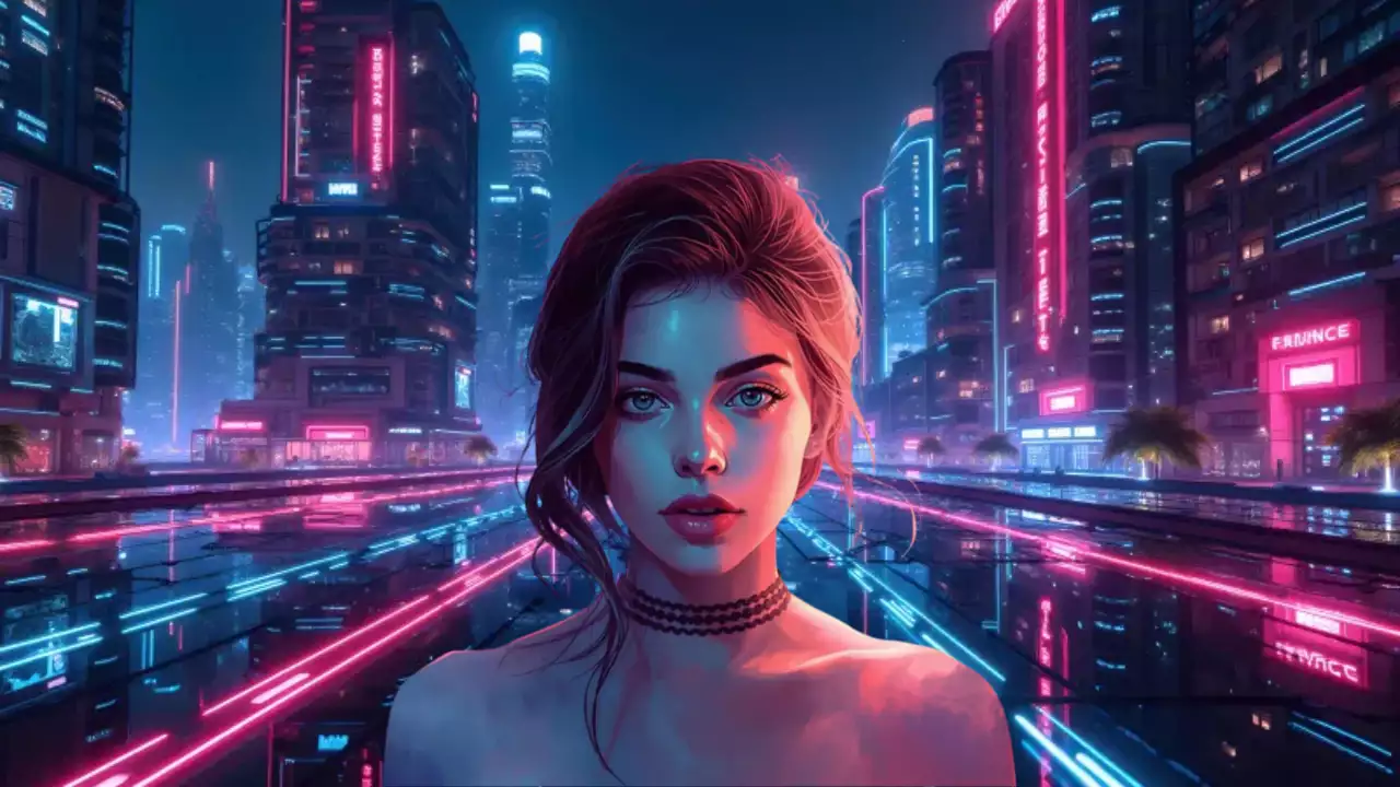 핑크색 사이버펑크 스타일의 미래 도시 배경 포스터에 여성 캐릭터가 등장합니다