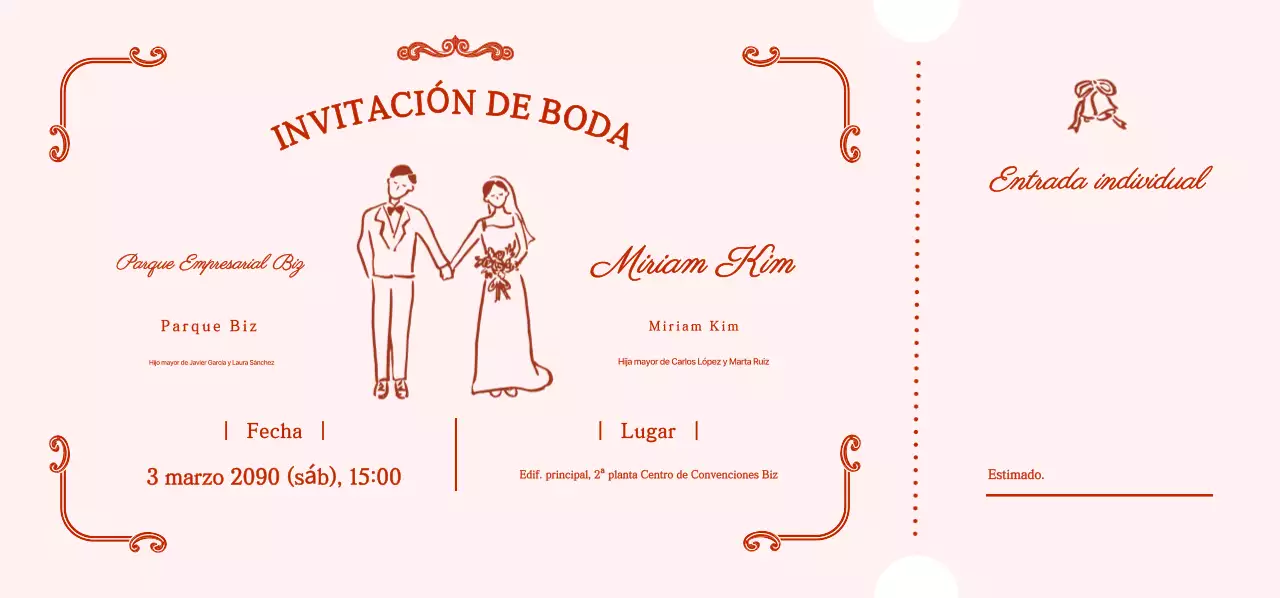 Invitación de boda rosa y adorable