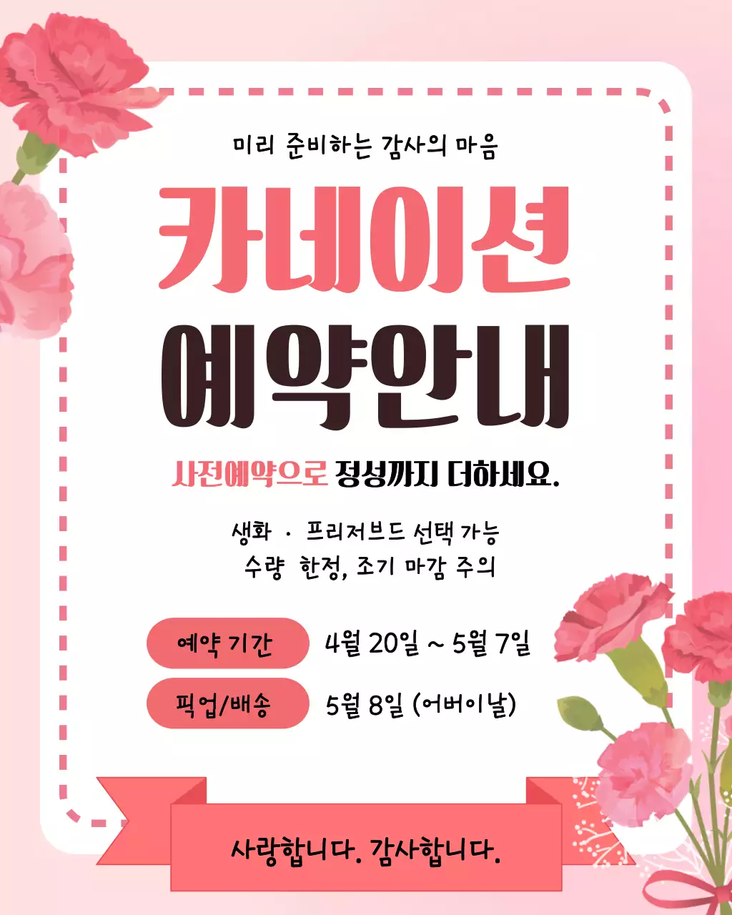 분홍 심플 카네이션 예약 안내