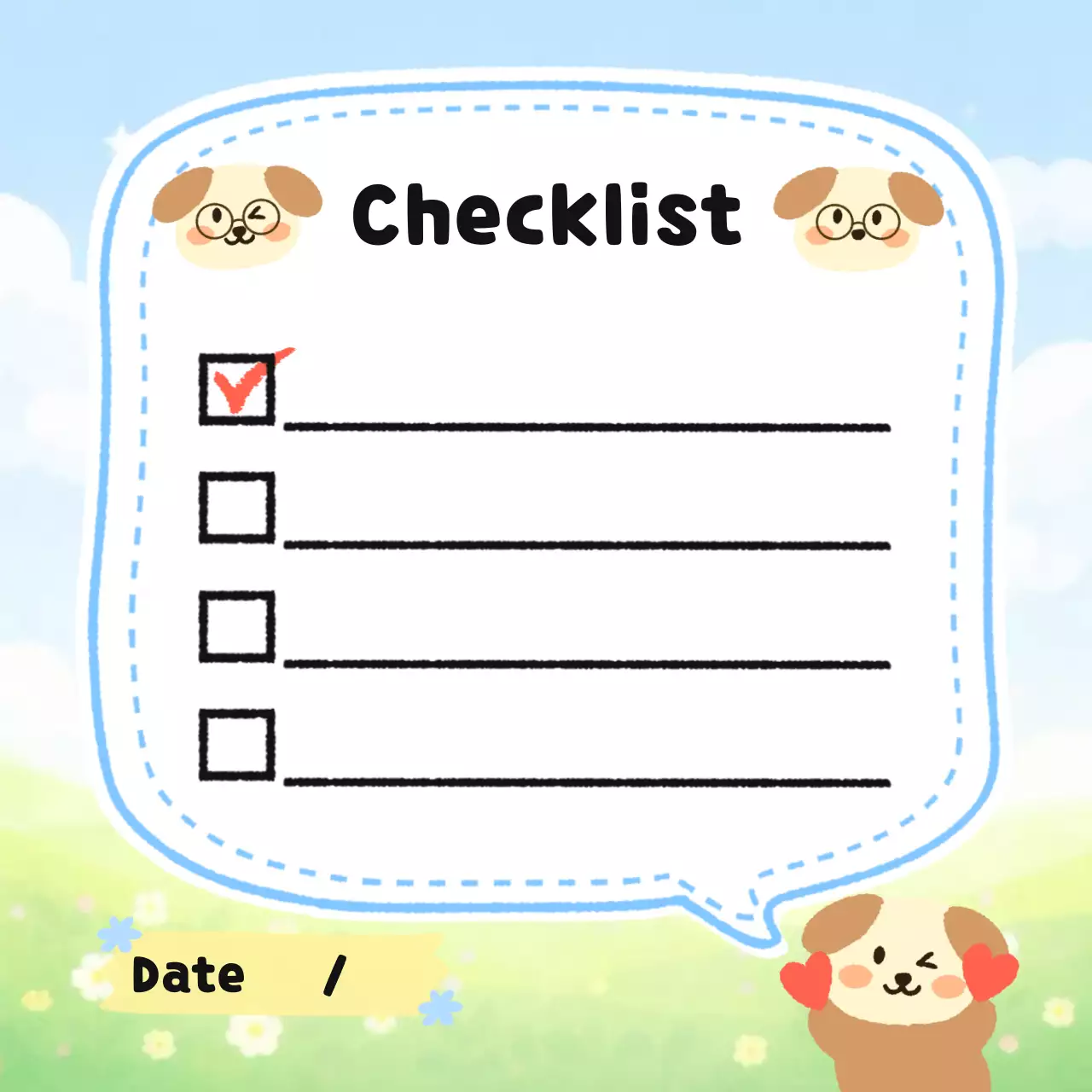 하늘색 아기자기한 체크리스트 강아지 캐릭터 메모지