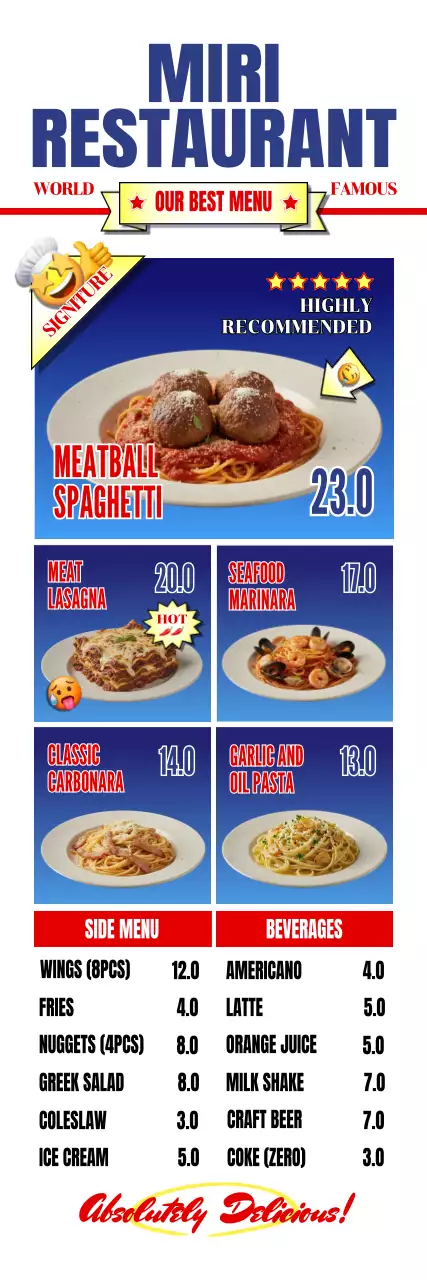 미국 감성 파랑색 레스토랑 메뉴판