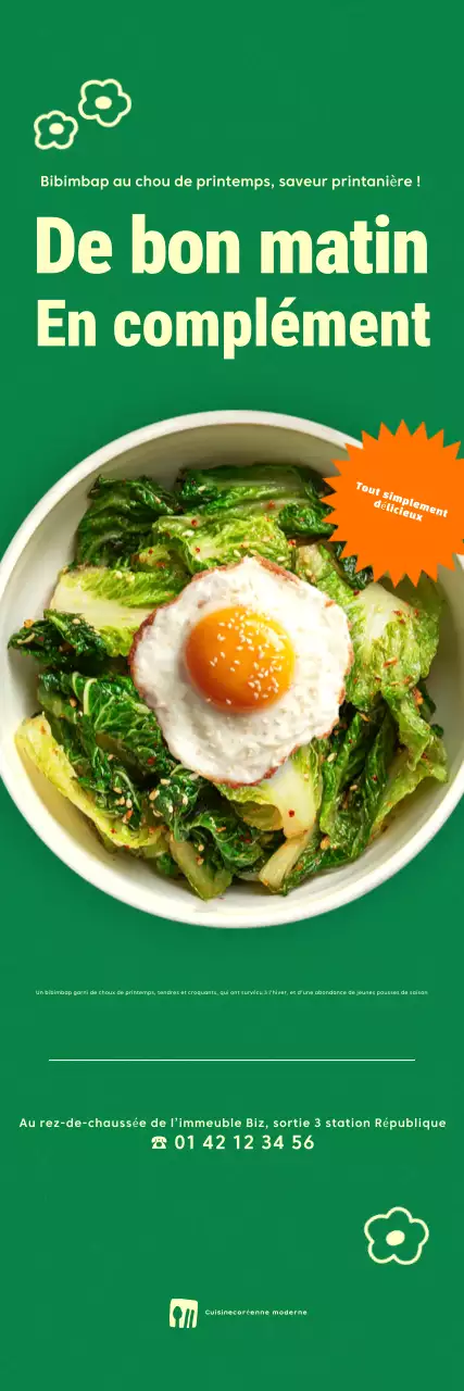 Promotion du menu Bibimbap au chou printanier vert et simple