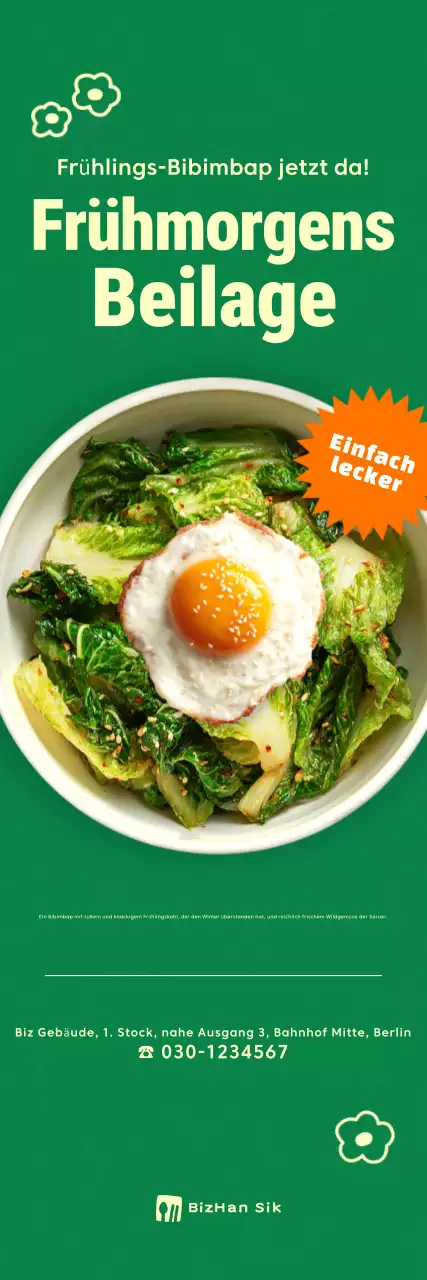 Werbung für das grüne, einfache Frühlingskohl-Bibimbap-Menü