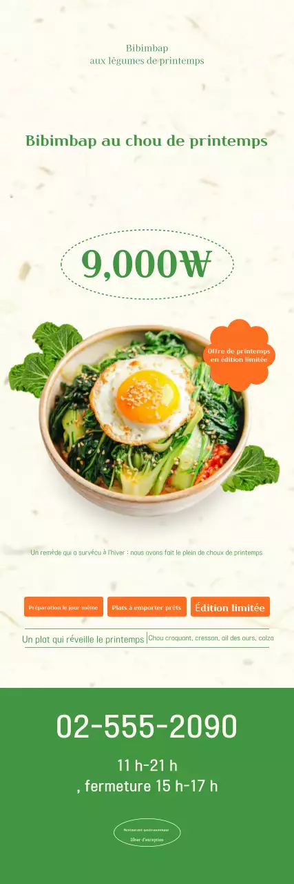 Promotion du menu Bibimbap au chou printanier vert et simple