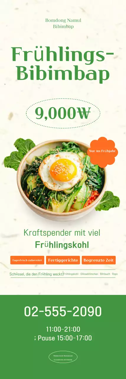 Werbung für das grüne, einfache Frühlingskohl-Bibimbap-Menü