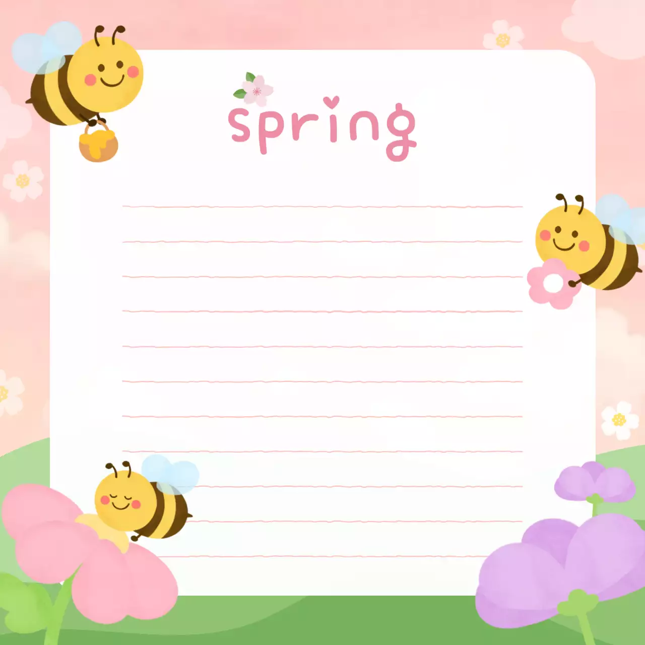 분홍색 아기자기한 봄과 벌꿀 편지 프레임