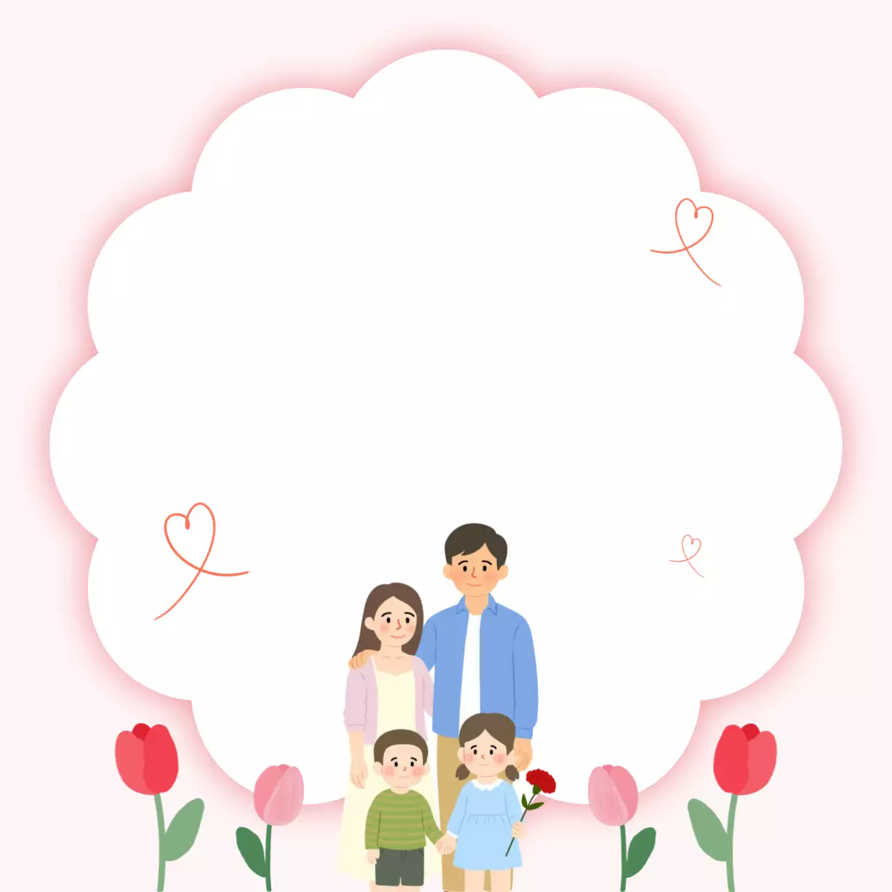 분홍색 아기자기한 가족과 튤립 꽃 배경 편지