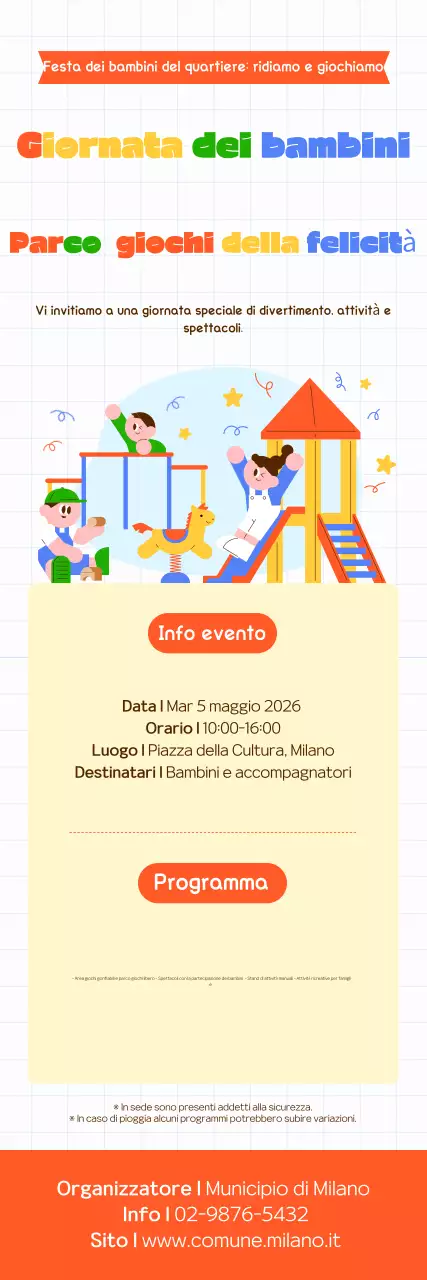 Guida chiara e ordinata agli eventi della Giornata dei bambini, in arancione.