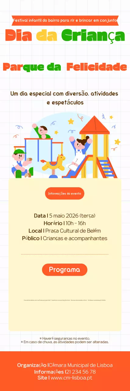 Guia de eventos para o Dia das Crianças: Laranja, organizado e elegante.