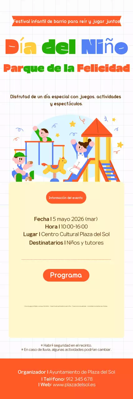 Guía de eventos del Día del Niño, de color naranja y muy cuidada.