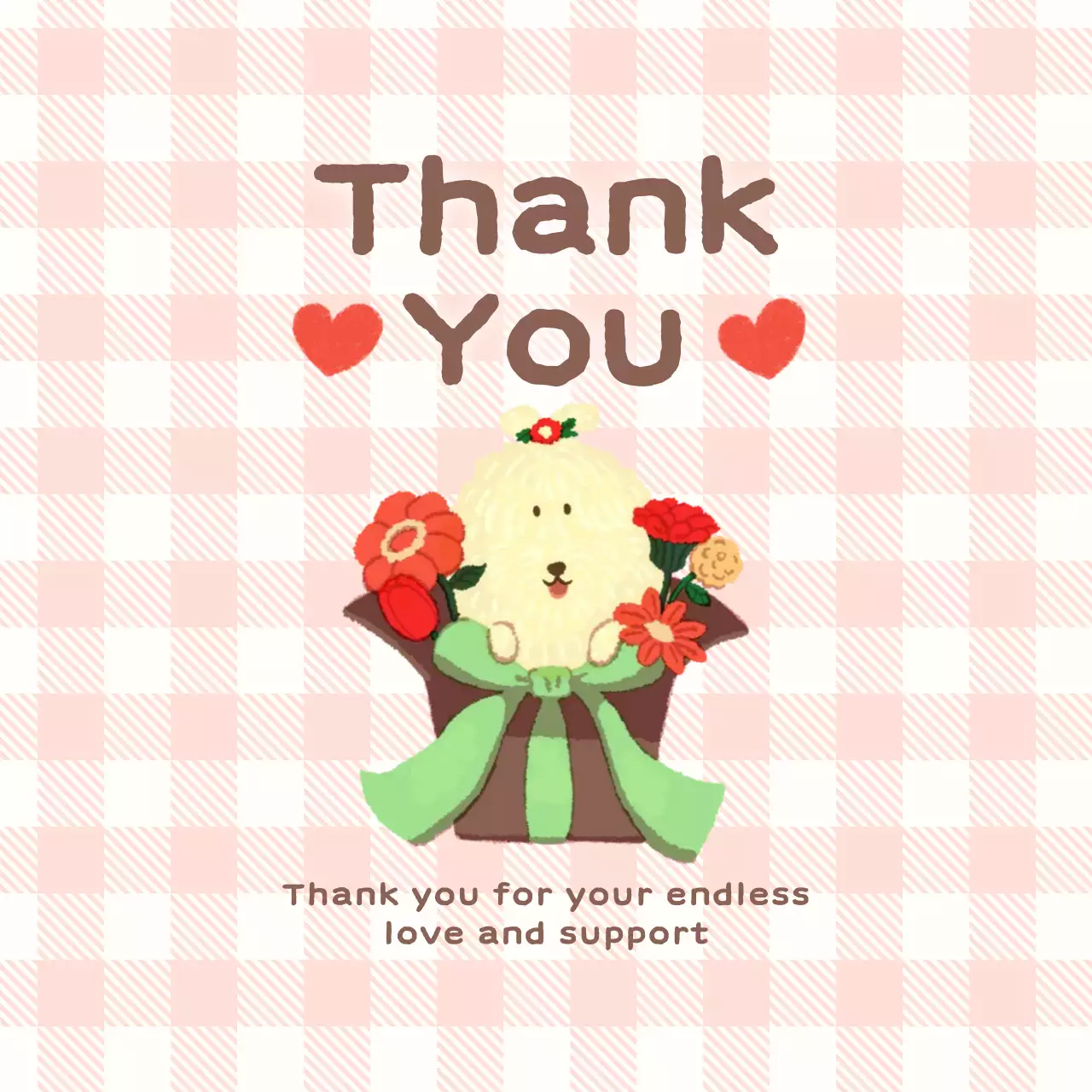 분홍색 아기자기한 감사 인사 카드