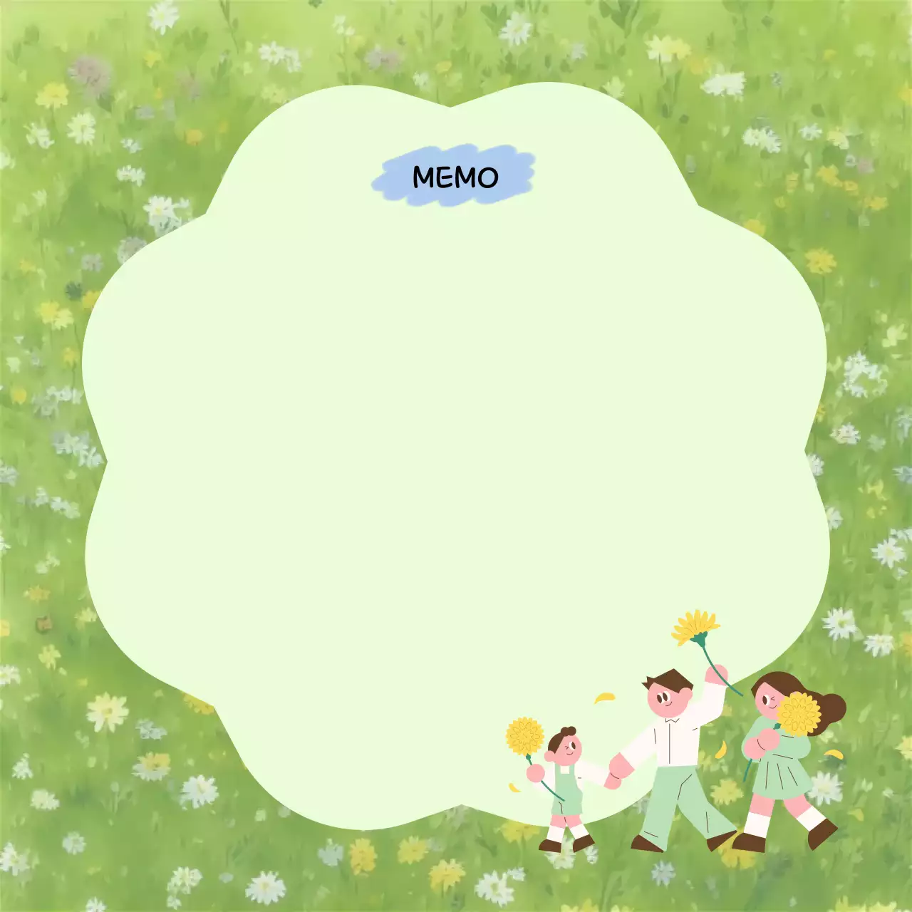봄 들판과 가족 일러스트 클로버 프레임 노트 디자인