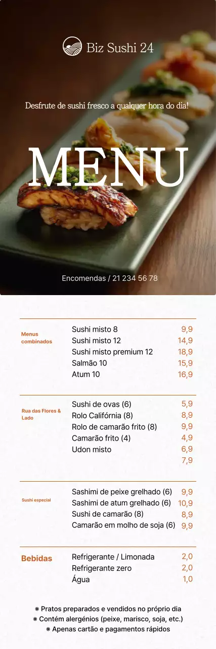 Promoção de um menu de sushi verde e elegante
