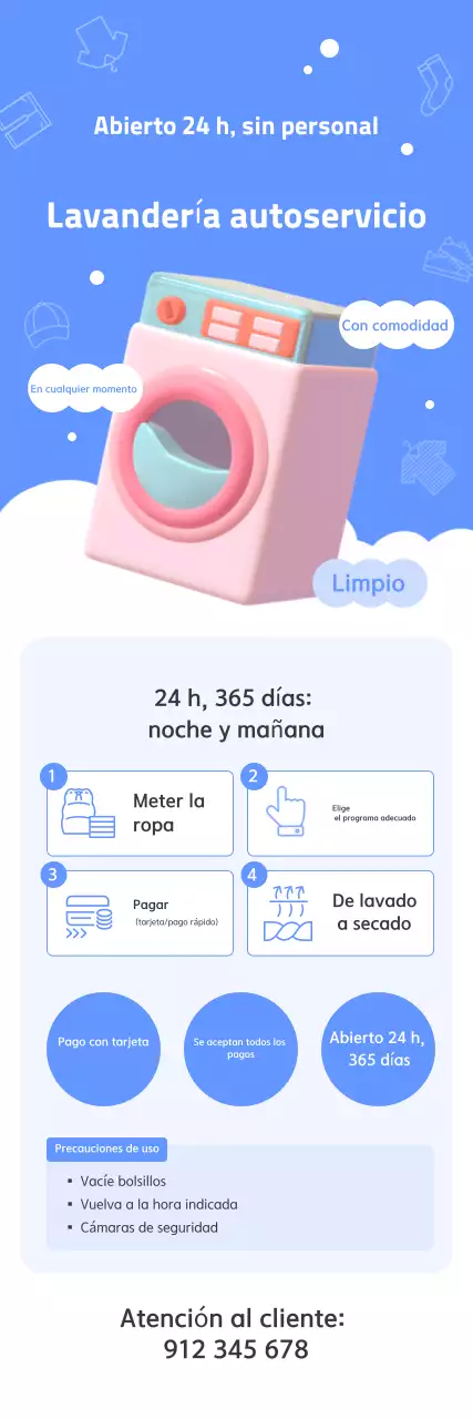 Promoción de lavandería de autoservicio limpia y ordenada de color azul cielo