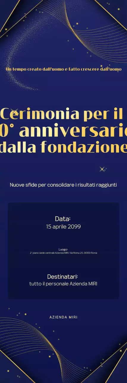 Evento di lusso blu navy per l'anniversario della fondazione.