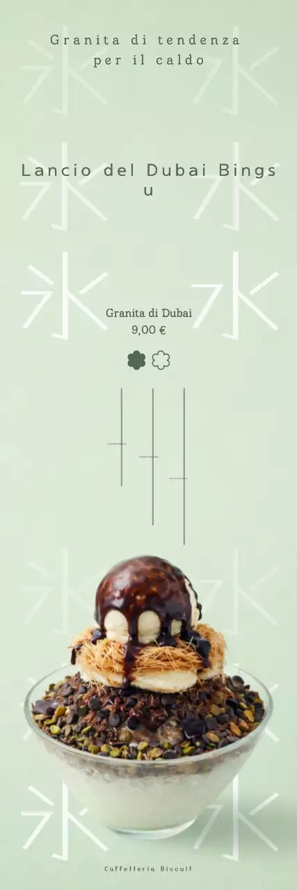 Promuovere il menu di ghiaccio tritato di Dubai, leggero, verde e pulito.