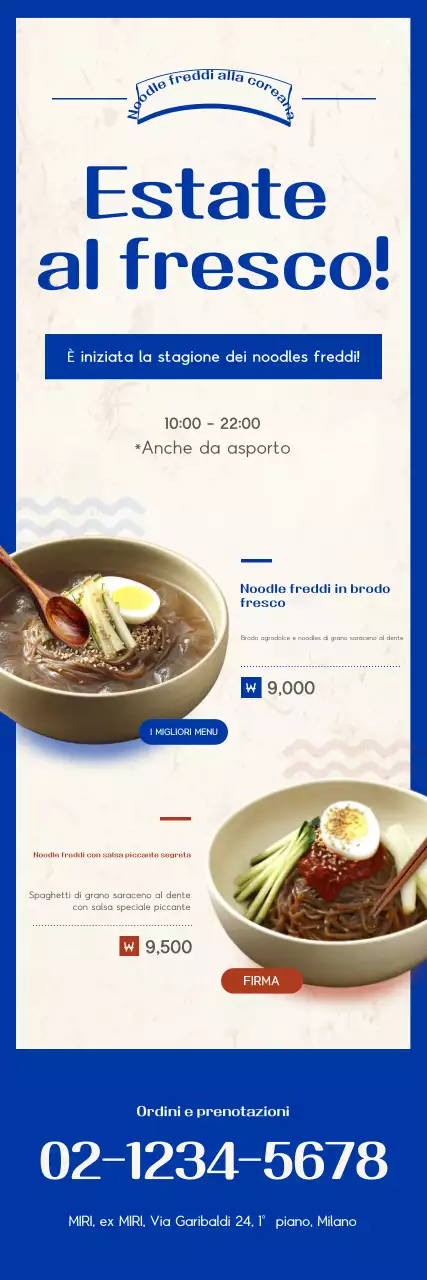 Promozione del menu di noodles freddi semplici blu