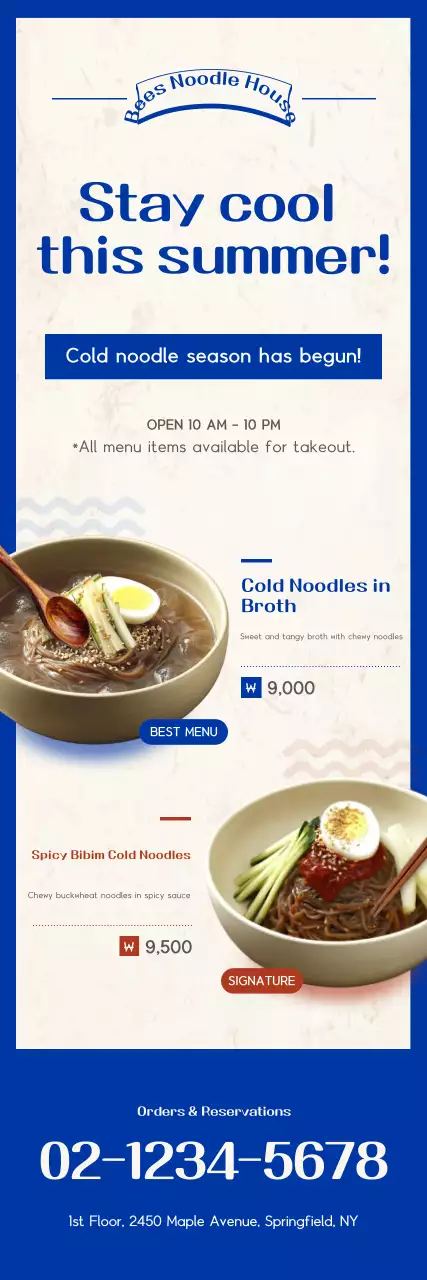 Khuyến mãi thực đơn mì lạnh đơn giản màu xanh dương.
