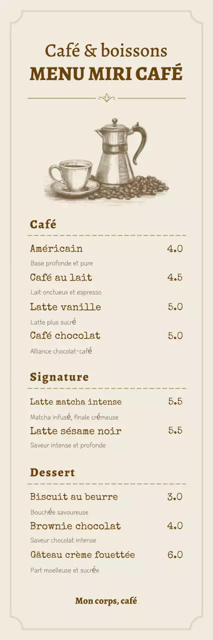 Menu de café beige soigné avec panneau d'affichage pour la promotion du menu