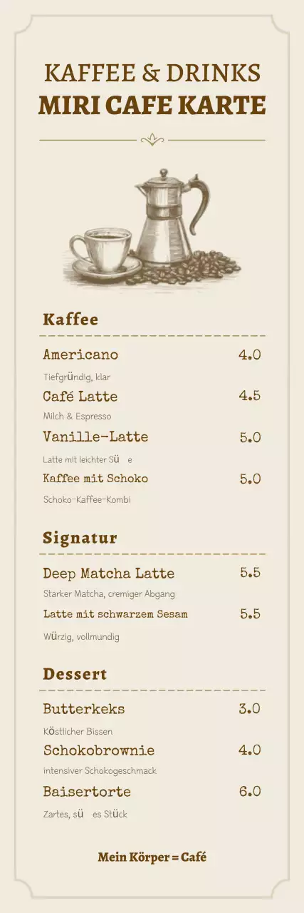 Beige, saubere Café-Menütafel – Menüwerbung