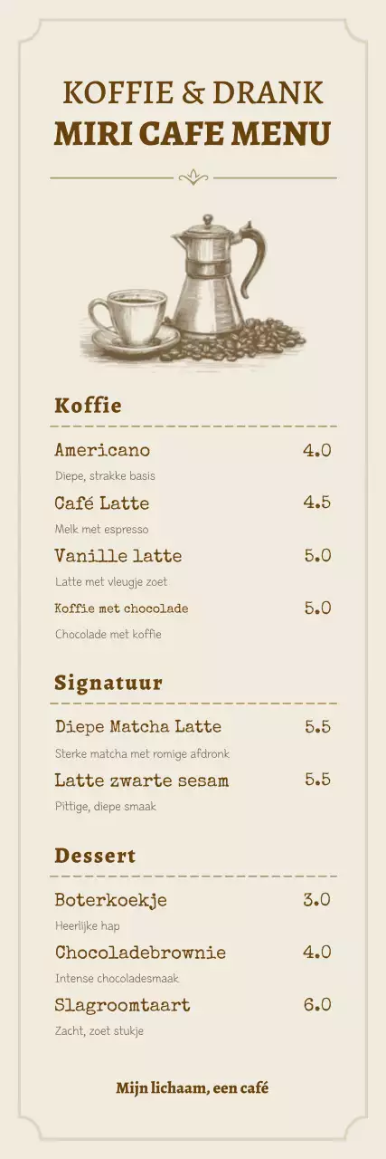 Beige, strak café-menubord, menu-aanbieding
