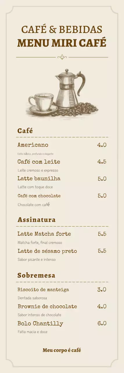 Quadro de menu bege e limpo para café, com promoção.